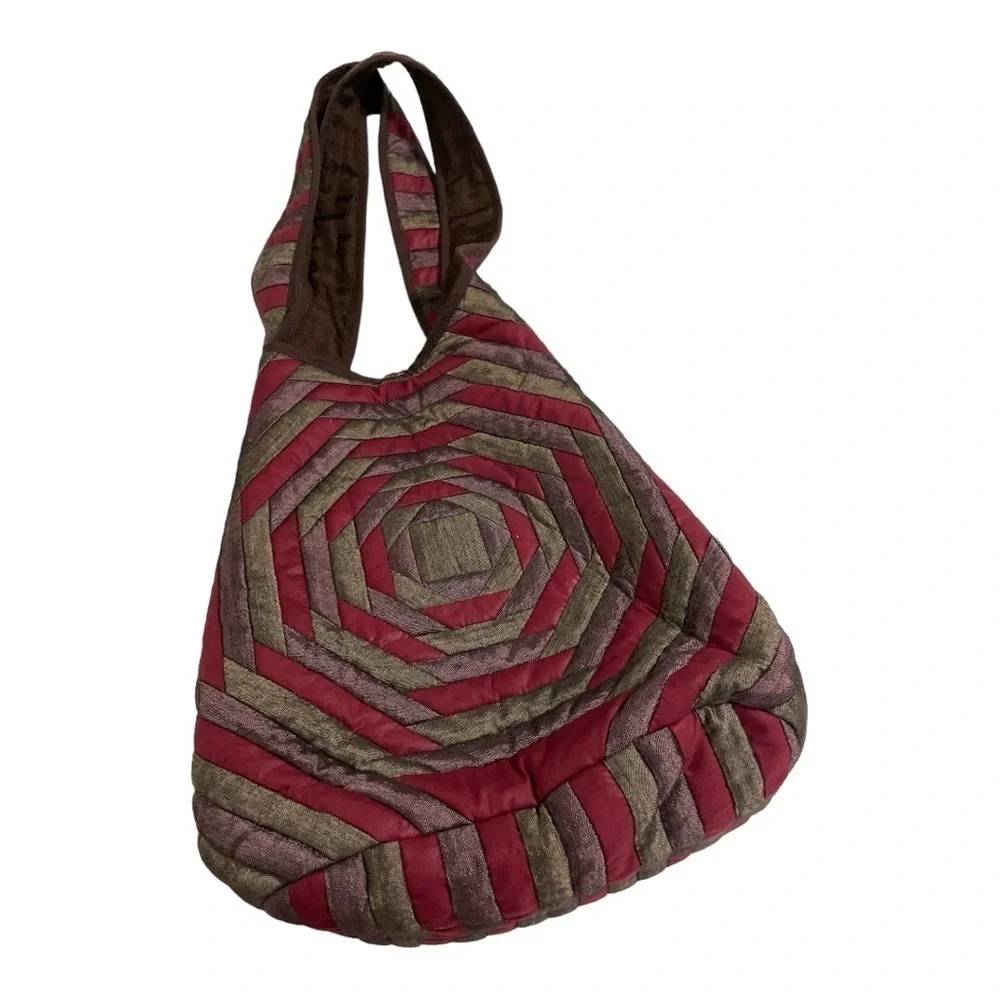 Boho Quilted Silk Shoulder Bag | Red Brown Patchwork Hobo | Coconut Button